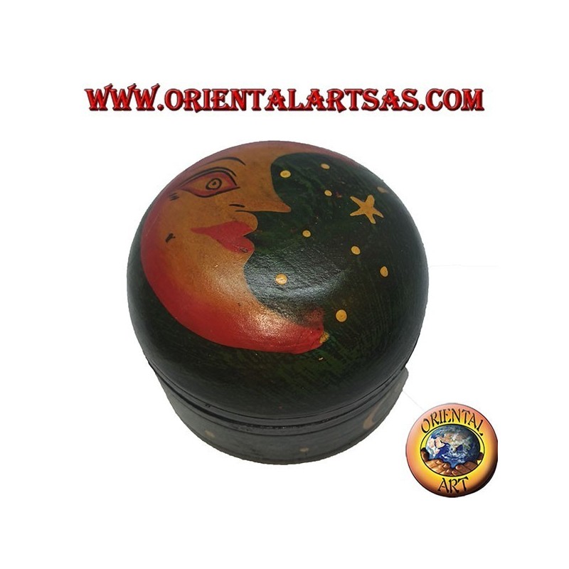 Scatola portagioie in legno di balsa tonda verde raffigurante luna e stelle