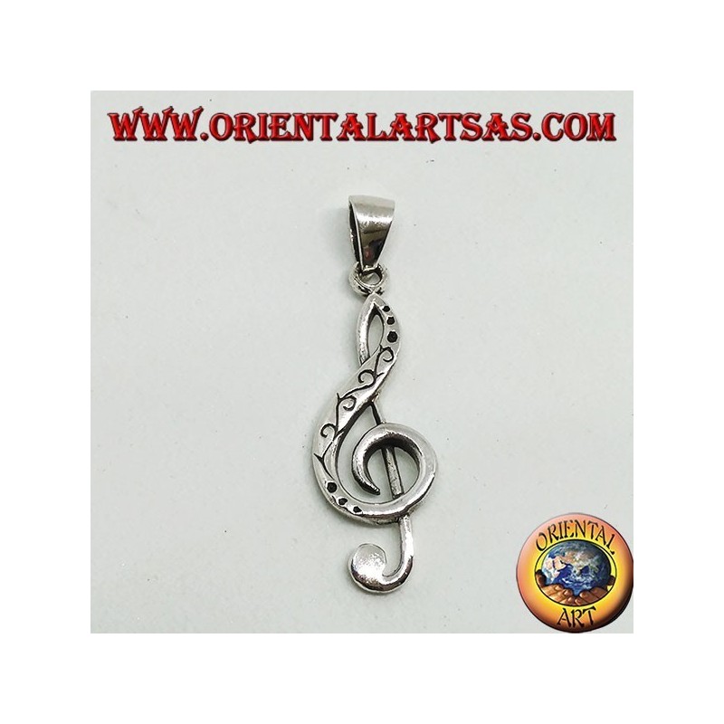 Silver pendant Treble clef or key of the sun, decorated