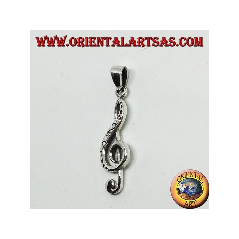 Pendentif en argent clé de sol ou clé du soleil, décoré