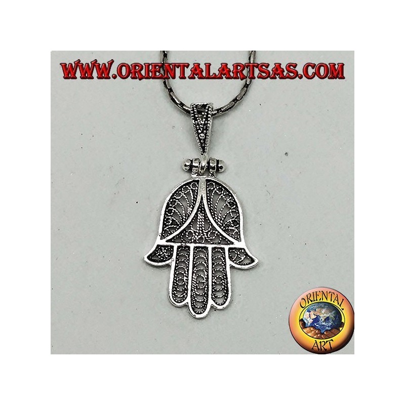 Pendant in the hands of Fatima or Miriam Hamsa filigree