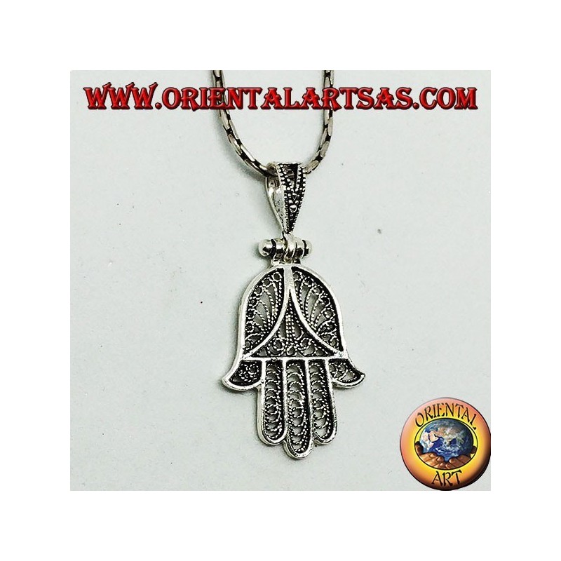 Pendant in the hands of Fatima or Miriam Hamsa filigree