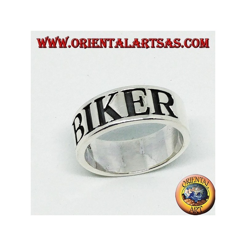 Silver band ring with BIKER engraving