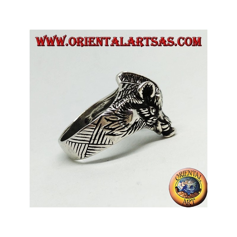Silver ring with a boar's head