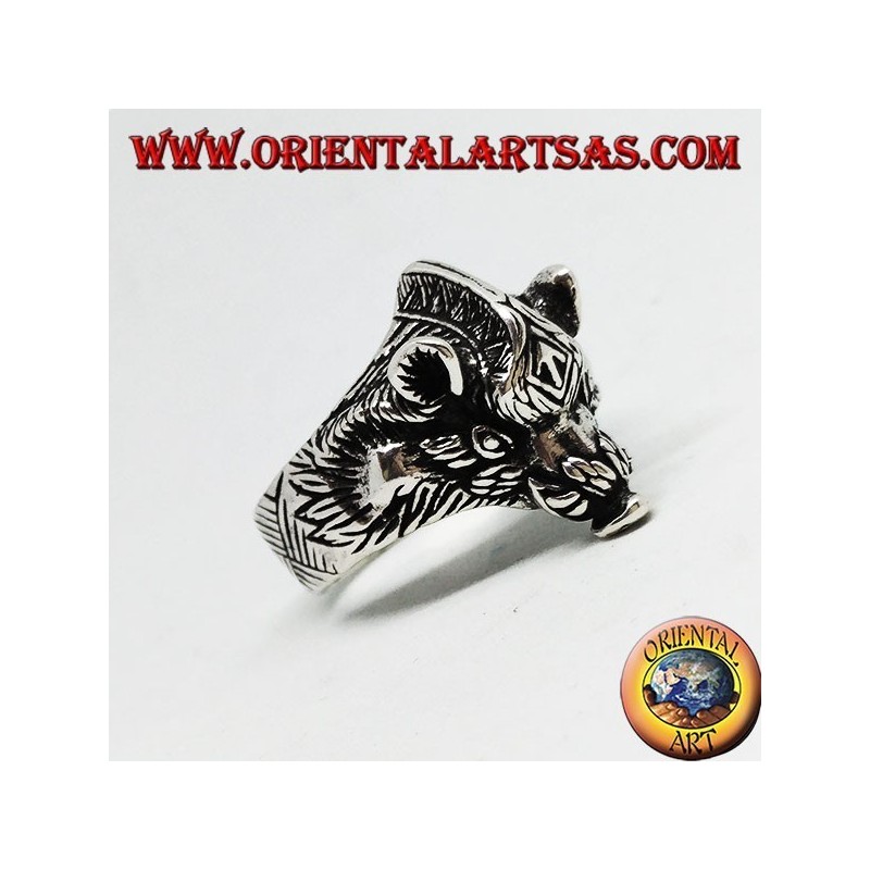 Silver ring with a boar's head