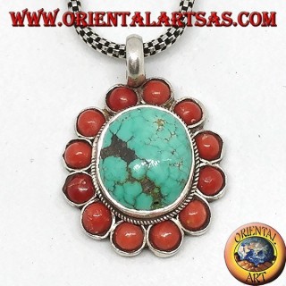 Silver pendant with natural Tibetan oval Turquoise and coral
