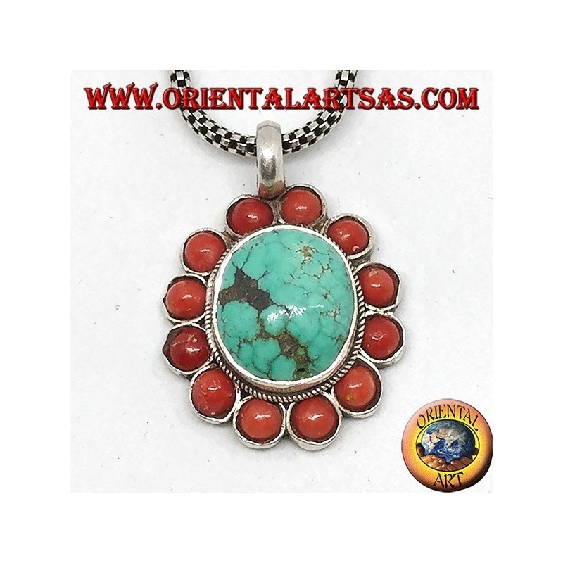 Silver pendant with natural Tibetan oval Turquoise and coral
