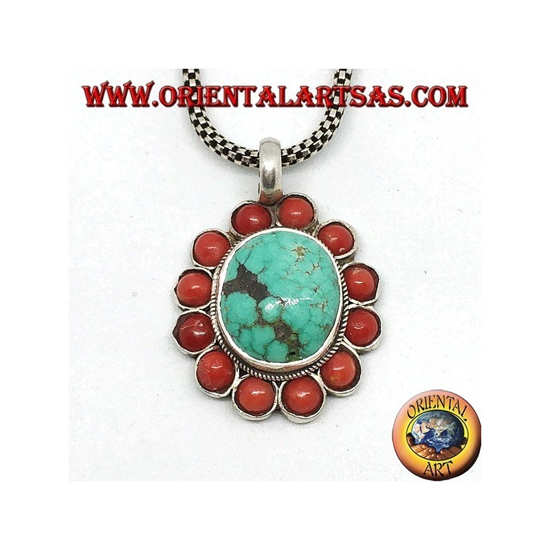 Colgante de plata con turquesa natural tibetana ovalada y coral