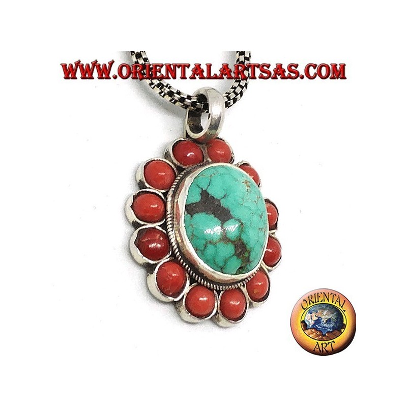 Silver pendant with natural Tibetan oval Turquoise and coral