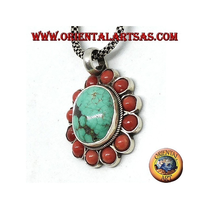 Pendentif en argent avec turquoise ovale tibétaine naturelle et corail