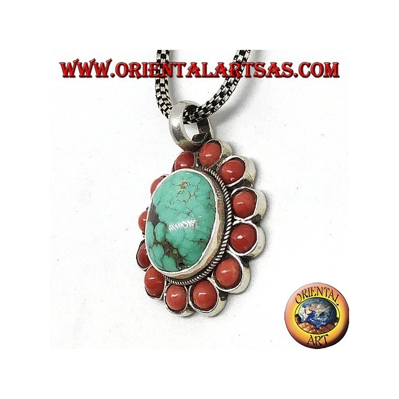 Pendentif en argent avec turquoise ovale tibétaine naturelle et corail