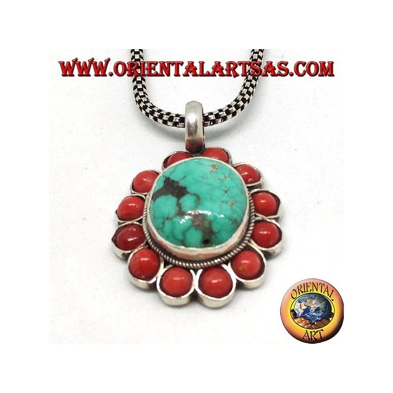 Ciondolo in argento con Turchese naturale Tibetano ovale e corallo
