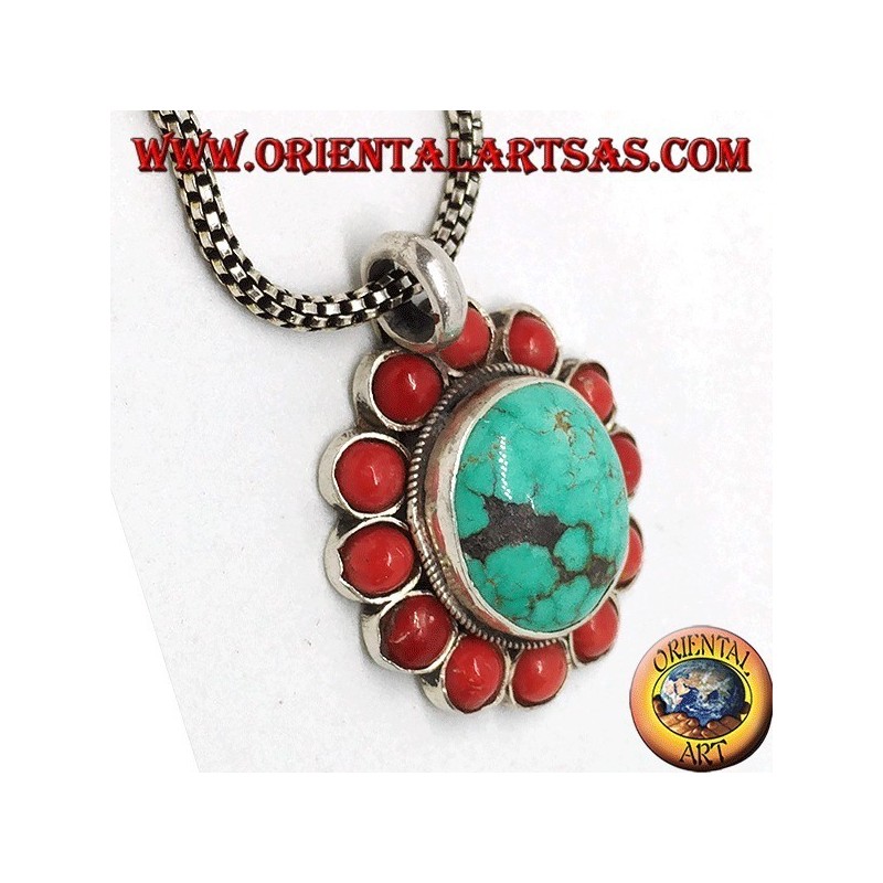 Pendentif en argent avec turquoise ovale tibétaine naturelle et corail