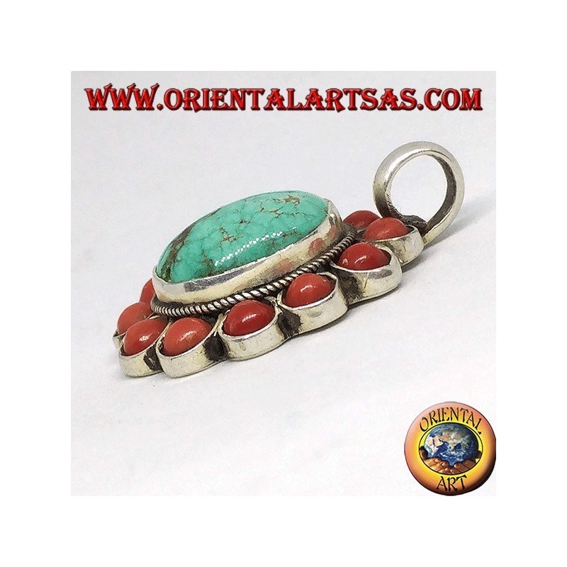 Ciondolo in argento con Turchese naturale Tibetano ovale e corallo