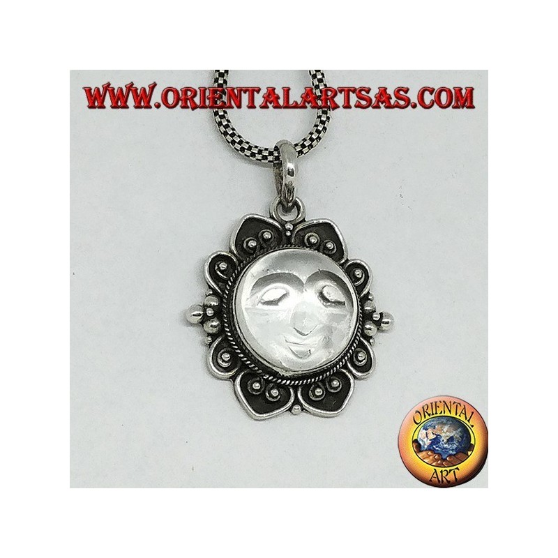 Silver pendant with sun engraved on rock crystal and decorated border