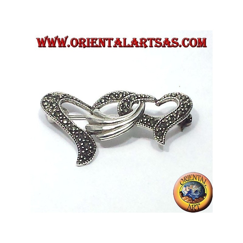 Spilla in argento con marcasiti due cuori intrecciati
