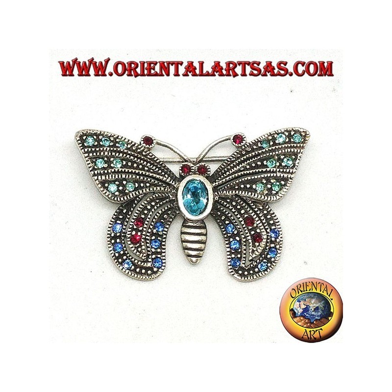 Broche en argent avec pierres semi-précieuses assorties en forme de papillon