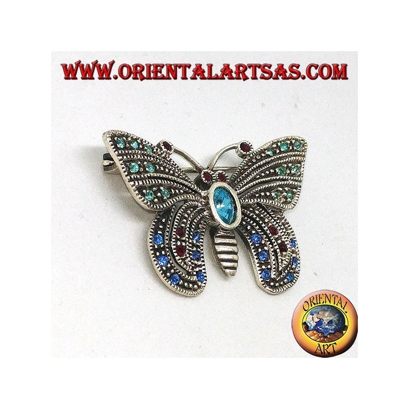 Broche en argent avec pierres semi-précieuses assorties en forme de papillon
