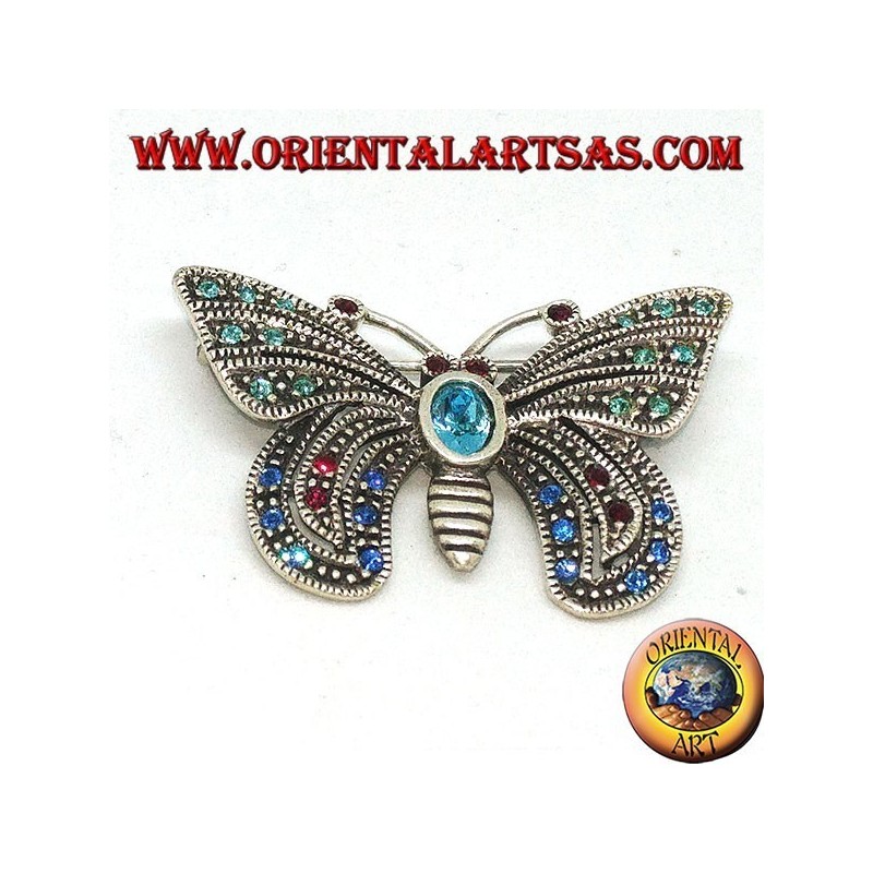 Broche en argent avec pierres semi-précieuses assorties en forme de papillon