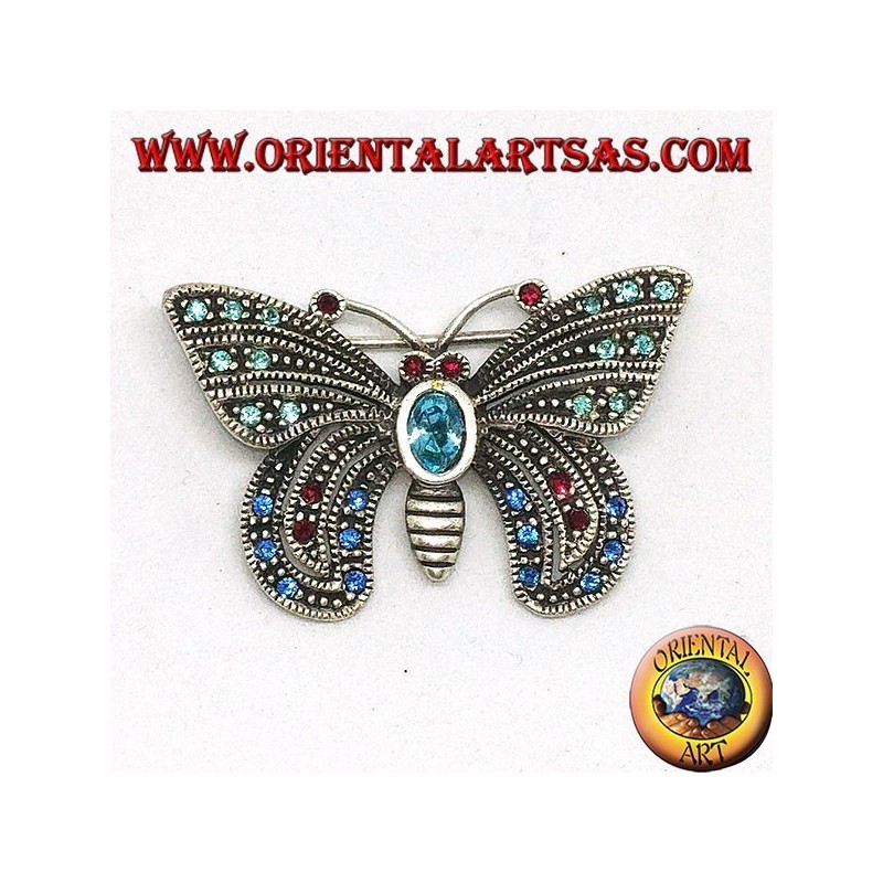 Silver brooch with assorted semiprecious stones in the shape of a butterfly