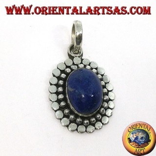 Silver pendant with natural oval lapis lazuli and the border of dots and studs