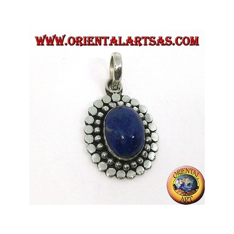 Pendentif en argent avec lapis-lazuli ovale naturel et bordure de pois et de crampons