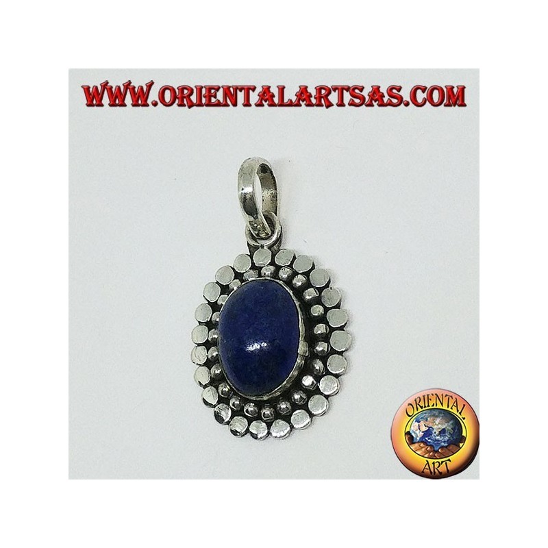 Pendentif en argent avec lapis-lazuli ovale naturel et bordure de pois et de crampons
