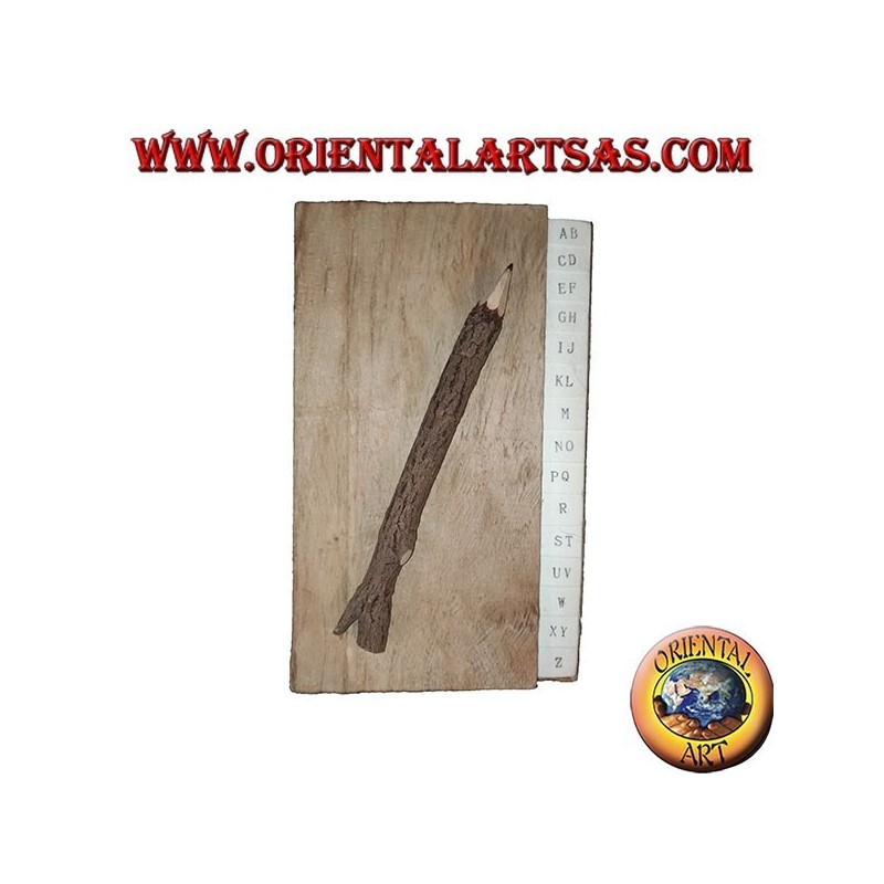Telephone book in tree bark and large letters with pencil, 21 cm