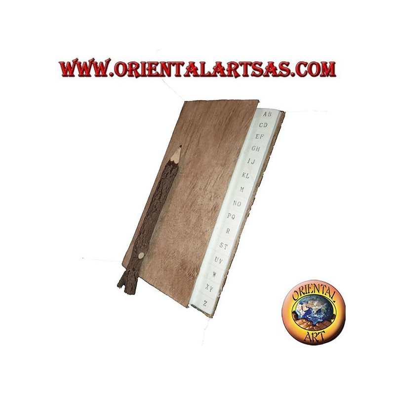 Telephone book in tree bark and large letters with pencil, 21 cm