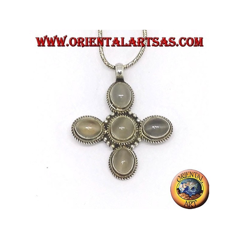 Cruz colgante de plata con cinco hermosas piedras lunares (adularia)