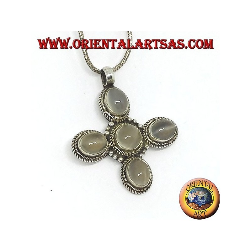 Silver cross pendant with five beautiful moonstones (adularia)