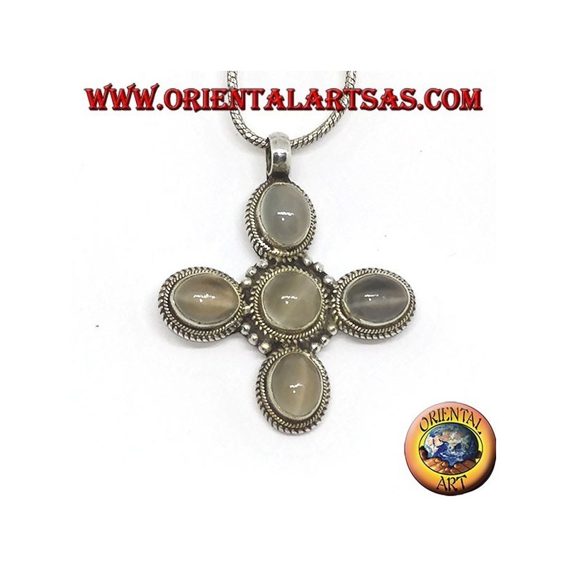 Pendentif croix en argent avec cinq belles pierres de lune (adularia)