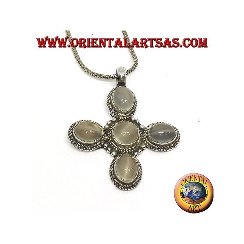 Silver cross pendant with five beautiful moonstones (adularia)