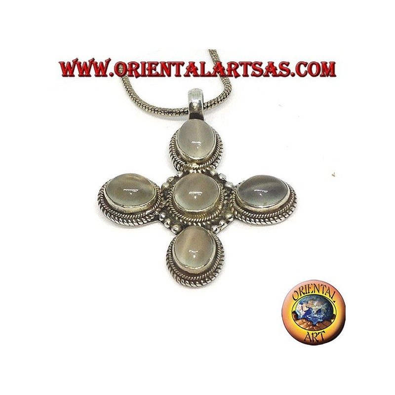 Pendentif croix en argent avec cinq belles pierres de lune (adularia)