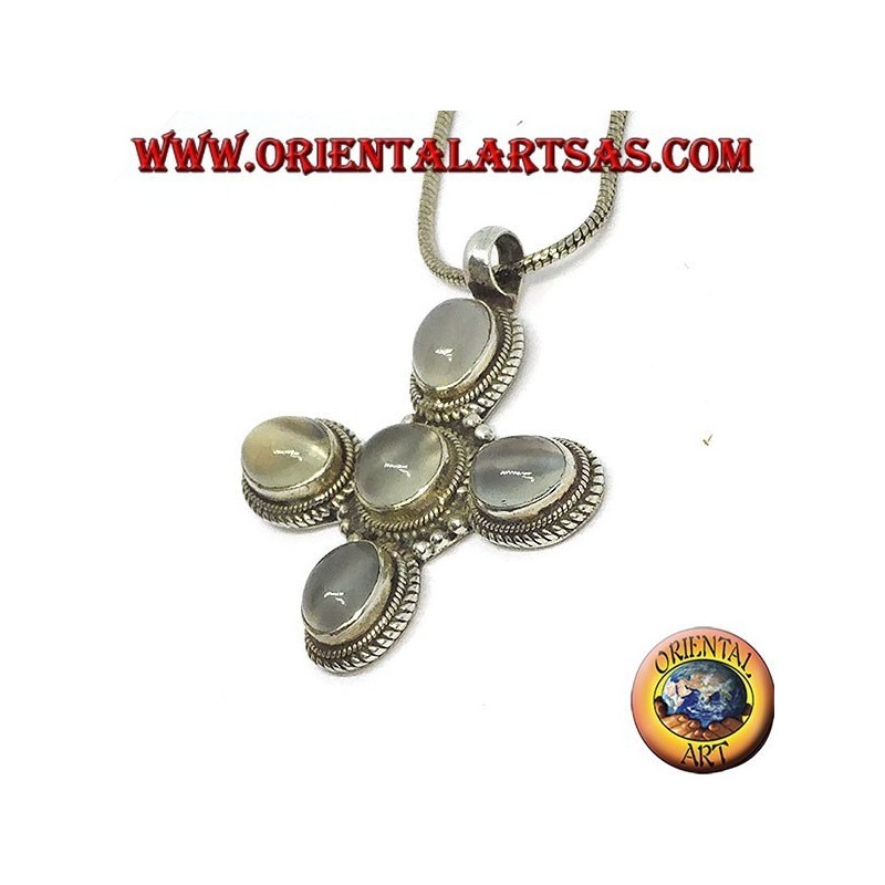 Silver cross pendant with five beautiful moonstones (adularia)