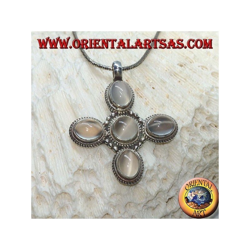 Pendentif croix en argent avec cinq belles pierres de lune (adularia)