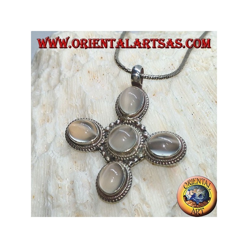 Cruz colgante de plata con cinco hermosas piedras lunares (adularia)