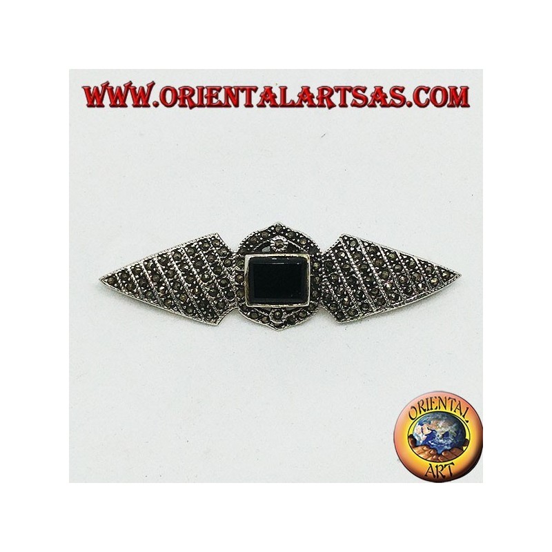 Spilla in argento con marcassiti ed onice rettangolare