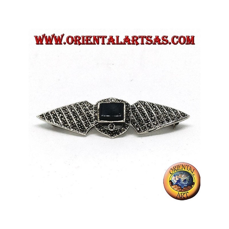 Silberbrosche mit Markasiten und rechteckigem Onyx