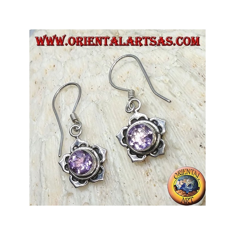 Boucles d'oreilles en argent avec améthyste ronde en forme de fleur à cinq pétales