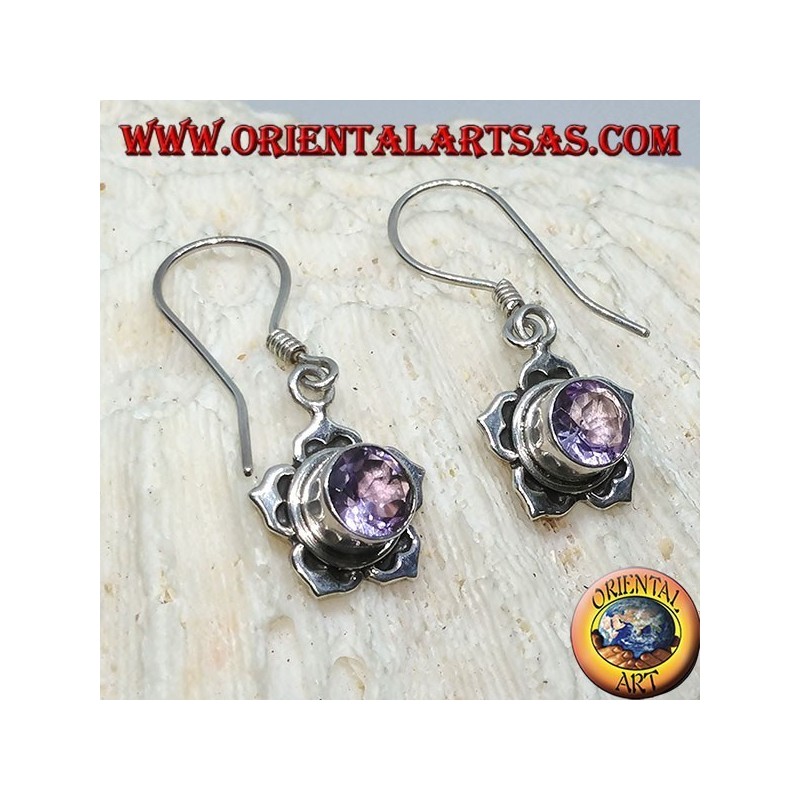 Silver earrings with round Amethyst in the shape of a five-petal flower