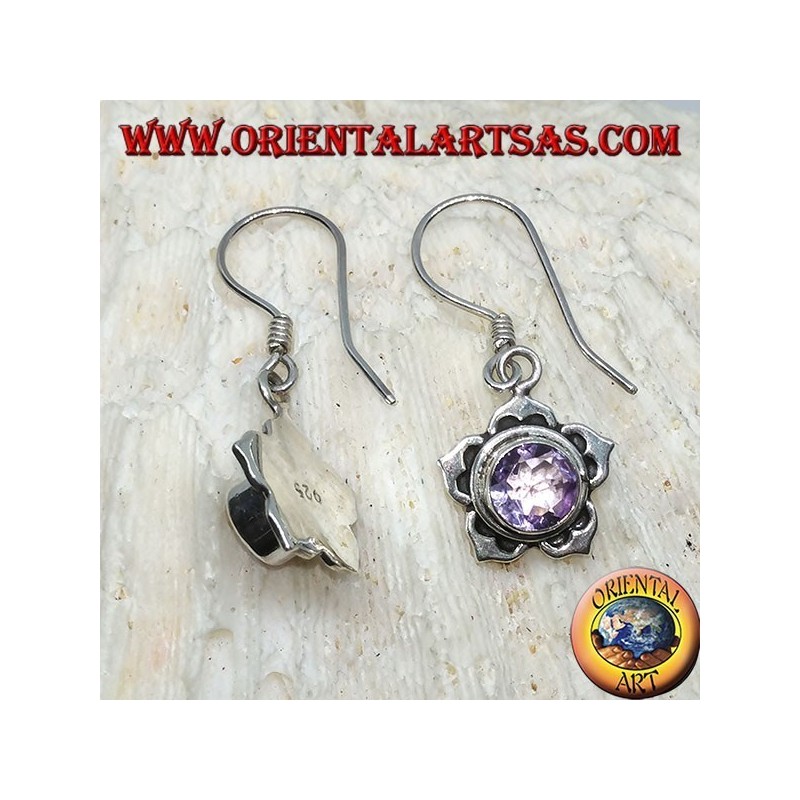 Boucles d'oreilles en argent avec améthyste ronde en forme de fleur à cinq pétales