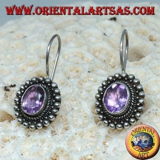 Silver earrings with oval amethyst between silver balls