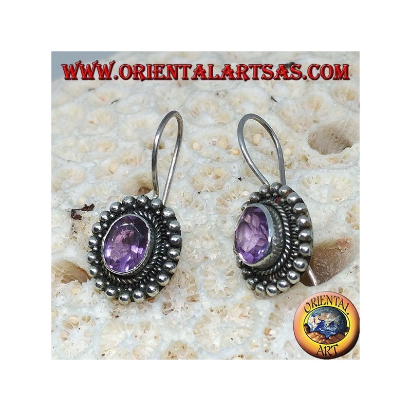 Silver earrings with oval amethyst between silver balls