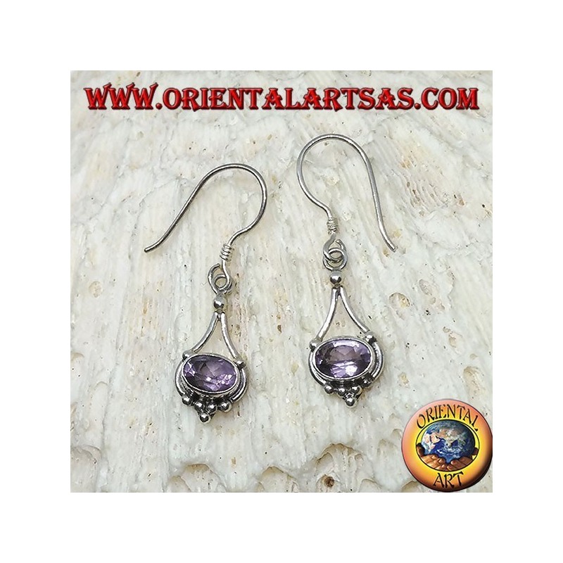 Pendientes de plata con amatista ovalada con hilos de plata colgantes