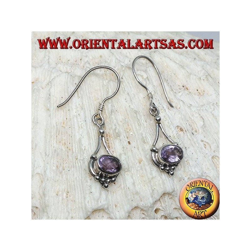 Silberohrringe mit ovalem Amethyst mit hängenden Silberfäden