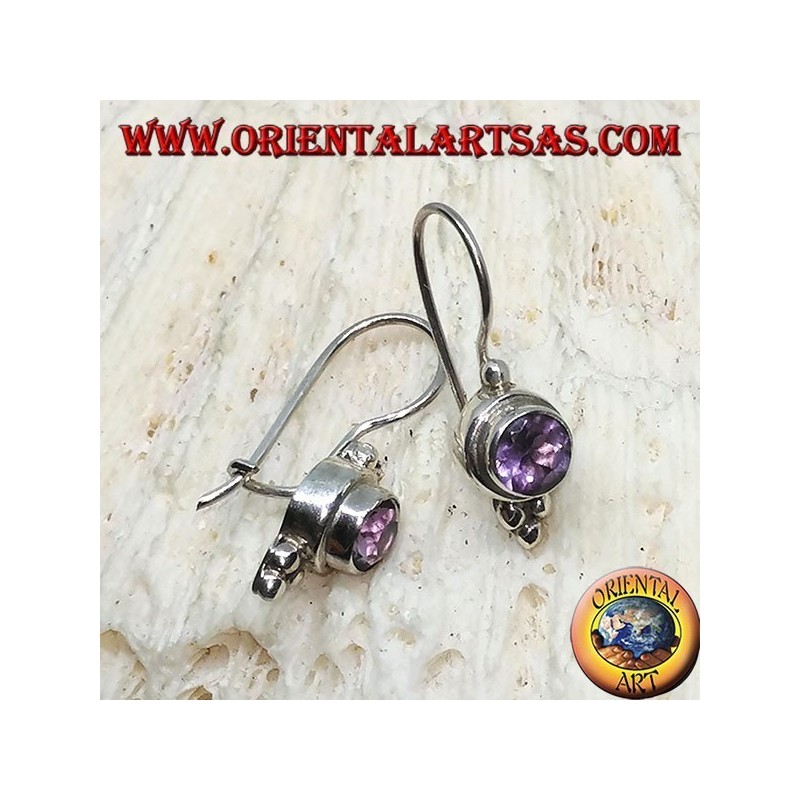 Silver earrings with round Amethyst with trio of silver balls
