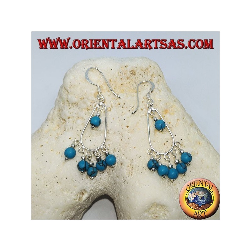 Silver dangle earrings with six turquoise beads