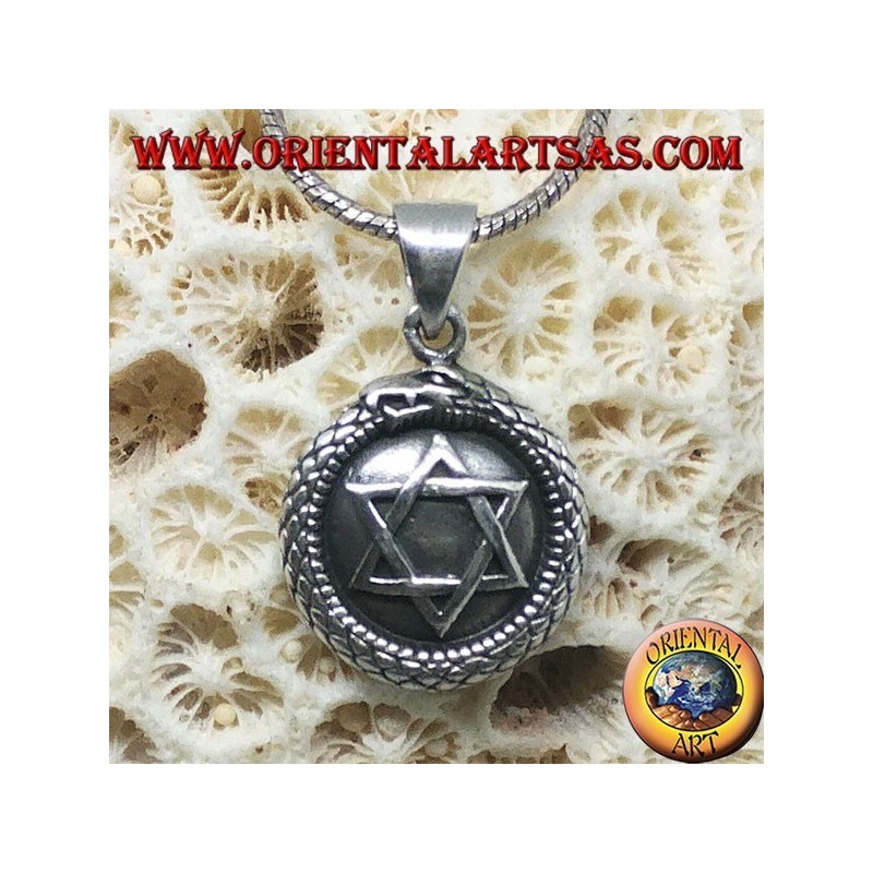 Silver pendant, talisman Uroboro Ouroboros with pentacle on plate