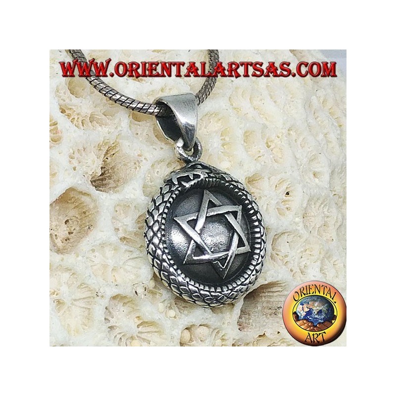 Ciondolo in argento, talismano Uroboro Ouroboros con pentacolo su piastra