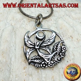 Silver pendant, flying fairy on the flower in the circle